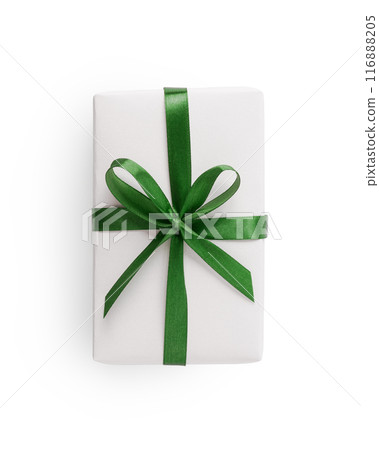 Top view of white gift box with green ribbon isolated on white background Top view of white gift box with green ribbon isolated on white background 116888205