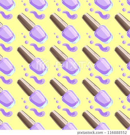 Vector seamless pattern of purple nail polish bottles, brushes, and splashes on a yellow background Vector seamless pattern of purple nail polish bottles, brushes, and splashes on a yellow background 116888552