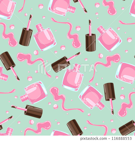 Vector seamless pattern of pink nail polish bottles, brushes, and splashes on a mint background 116888553