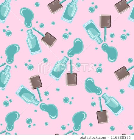 Vector seamless pattern of green nail polish bottles, brushes, and splashes on a pink background 116888555