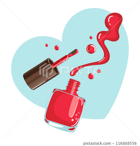 Vector illustration of vibrant red nail polish with a brush and splash, set against a heart background 116888556