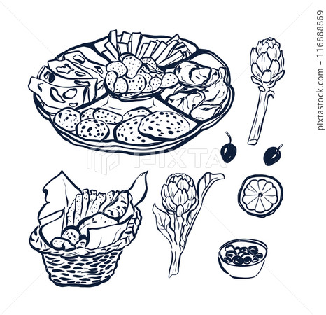 Vector food doddle set of bread, snacks, olives and salami. Hand-painted elements isolated on white background. Illustration for design, print or background. Trendy collection. 116888869