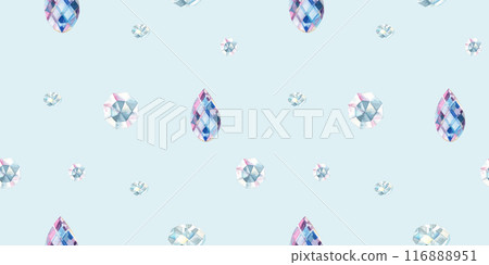 Jewelry, Crystals Watercolor Seamless Pattern. Hand drawn illustration on a light blue background. Can be used for fabric, textile and packaging prints and decoration. Jewelry, Crystals Watercolor Seamless Pattern. Hand drawn illustration on a light blue background. Can be used for fabric, textile and packaging prints and decoration. 116888951