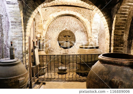 Wine cellar, Val d'Orcia, World Heritage Site, Montepulciano, Tuscany, Italy, Europe 116889006