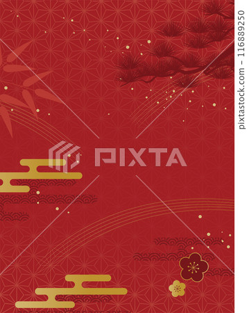 Japanese pattern and red Japanese style background with pine, bamboo and plum_vertical_vector illustration Japanese pattern and red Japanese style background with pine, bamboo and plum_vertical_vector illustration 116889250