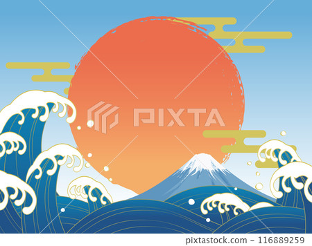 Japanese-style background with waves, Mt. Fuji and the first sunrise_Vector illustration Japanese-style background with waves, Mt. Fuji and the first sunrise_Vector illustration 116889259