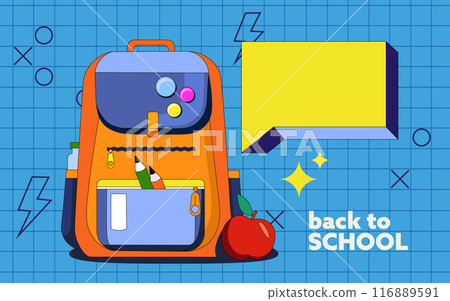 Vector illustration of subjects for school. Drawn school backpack and pencils in Stylist 90s in bright colors. Text bubble and design elements on a blue background with a modern pattern. 116889591