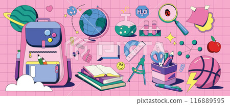 Big vector set with school subjects. Collection of flat illustrations. Globe, books, briefcase, pen holder, test tubes and everything related to science on a pink background. icons Big vector set with school subjects. Collection of flat illustrations. Globe, books, briefcase, pen holder, test tubes and everything related to science on a pink background. icons 116889595