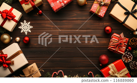 AI generated image depicting Christmas gifts placed on a wooden table with central copy space AI generated image depicting Christmas gifts placed on a wooden table with central copy space 116889860
