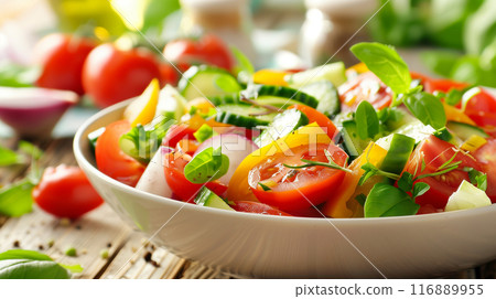 A realistic, AI-generated image of a delicious salad made with fresh vegetables 116889955