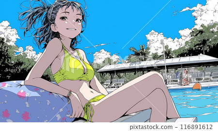 熱帶度假飯店泳池裡穿著比基尼的年輕女子 116891612