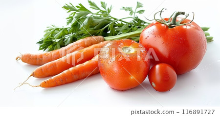 Fresh Tomatoes and Carrots Isolated on White Background 116891727