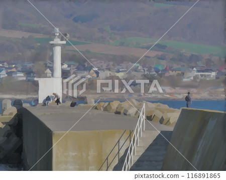 Fishing port scene with a small lighthouse Fishing port scene with a small lighthouse 116891865
