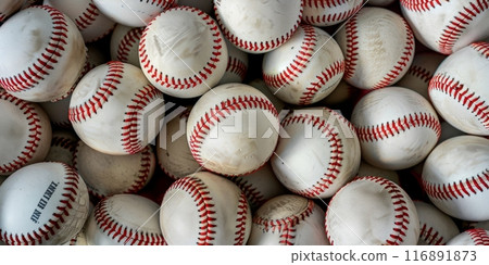 Pile of Baseballs with Red Stitching 116891873