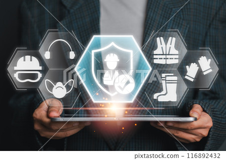 Digital illustration highlighting work safety with icons of protective gear and safety shield, emphasizing workplace safety measures. 116892432