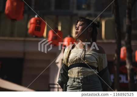 Portrait of an Asian woman against the background of Chinese lanterns. Portrait of an Asian woman against the background of Chinese lanterns. 116892525