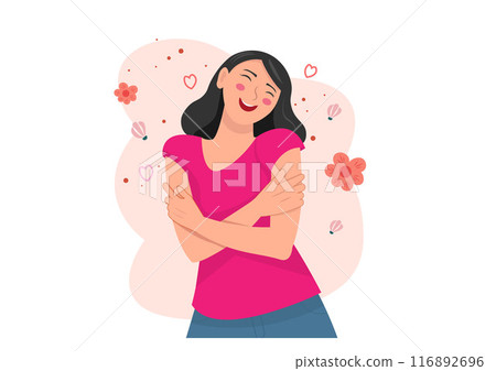 Smiling woman closes her eyes and hugs herself Smiling woman closes her eyes and hugs herself 116892696