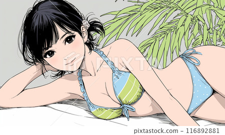 熱帶海灘上穿著比基尼的年輕女子 116892881