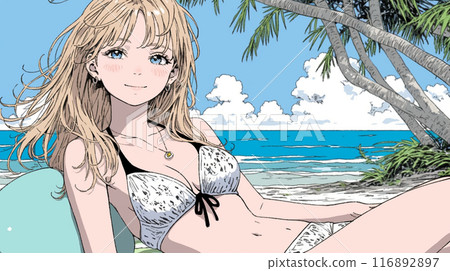 Young woman in bikini on tropical beach 116892897