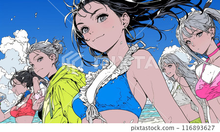 Young women in bikinis on a tropical beach with close friends 116893627