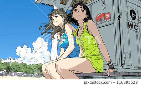 Waiting for the toilet: Young women in swimsuits waiting for the toilet on a tropical beach with their close friends 116893629