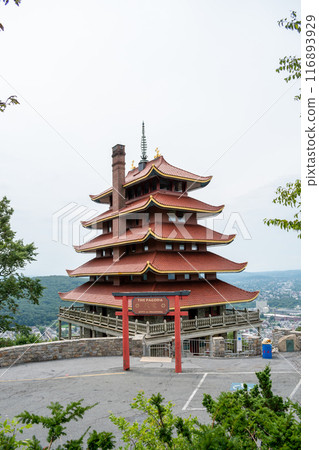 Overview of an Asian Pagoda looking over a forest and city. 116893929