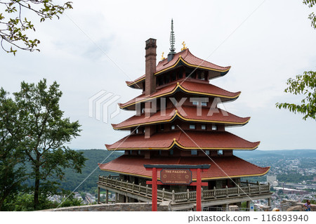 Overview of an Asian Pagoda looking over a forest and city. Overview of an Asian Pagoda looking over a forest and city. 116893940