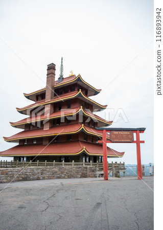 Overview of an Asian Pagoda looking over a forest and city. Overview of an Asian Pagoda looking over a forest and city. 116893942