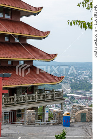 Overview of an Asian Pagoda looking over a forest and city. 116893946