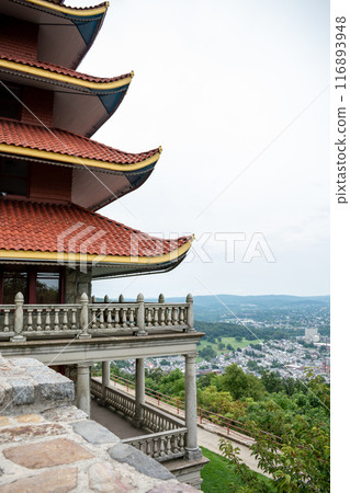 Overview of an Asian Pagoda looking over a forest and city. Overview of an Asian Pagoda looking over a forest and city. 116893948