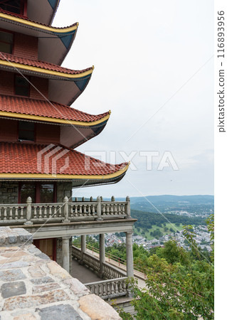 Overview of an Asian Pagoda looking over a forest and city. 116893956