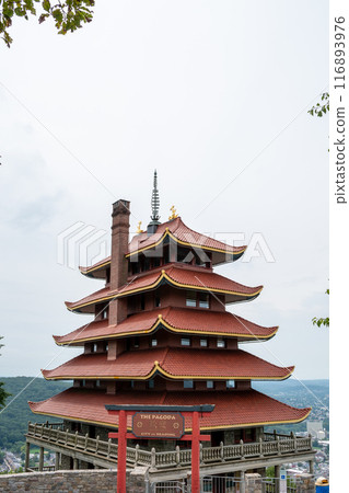 Overview of an Asian Pagoda looking over a forest and city. 116893976