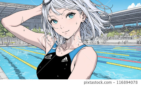 A young woman in a school swimsuit standing by the pool A young woman in a school swimsuit standing by the pool 116894078