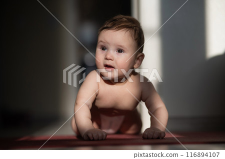 Cute little boy standing on all fours on the floor. Cute little boy standing on all fours on the floor. 116894107