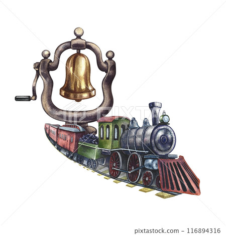 Vintage steam locomotive and steam locomotive bell. Traveling by train. Handmade watercolor illustration in vintage style. For postcards, badges and emblems, posters, prints or stickers, tickets. 116894316