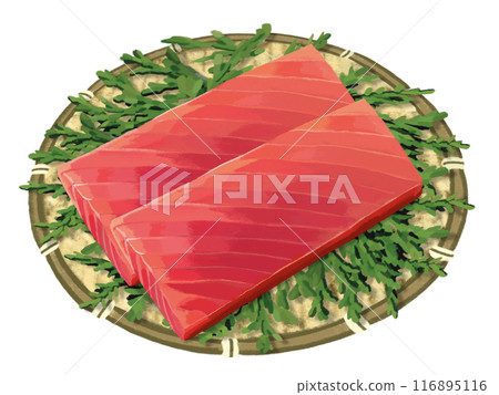 Tuna sashimi (saku) in a colander with cypress leaves Tuna sashimi (saku) in a colander with cypress leaves 116895116