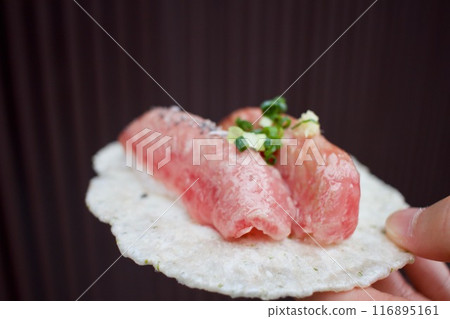 Highest quality Hida beef sushi 116895161