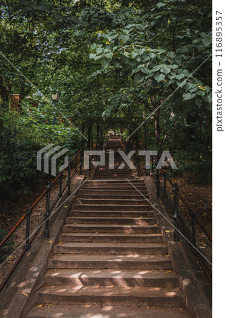 Steps leading to the fishing bastion from the city Budapest Hungary Steps leading to the fishing bastion from the city Budapest Hungary 116895357