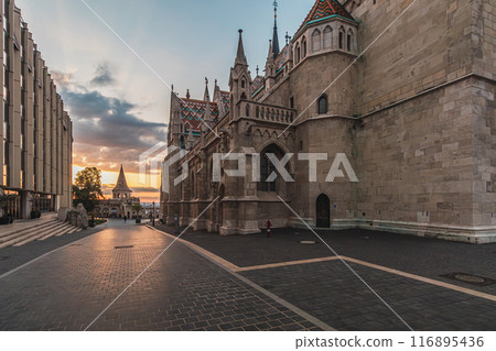 Roman Catholic Matthias Church and Fisherman's Bastion in the morning. Budapest Roman Catholic Matthias Church and Fisherman's Bastion in the morning. Budapest 116895436