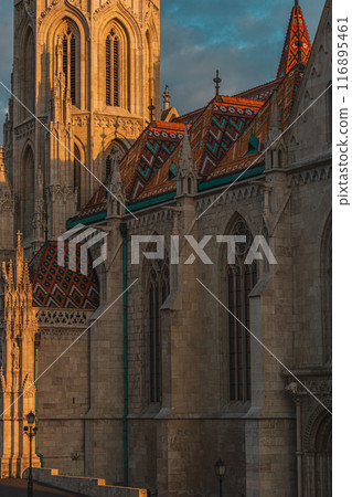 Roman Catholic Matthias Church and Fisherman's Bastion in the morning. Budapest Roman Catholic Matthias Church and Fisherman's Bastion in the morning. Budapest 116895461