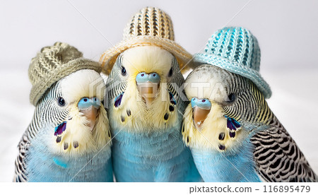 三隻鸚鵡戴著帽子,白色背景 三隻鸚鵡戴著帽子,白色背景 116895479