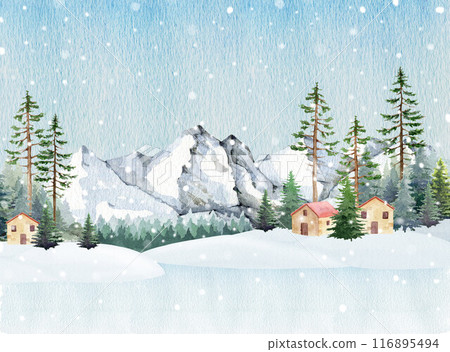 Winter season countryside landscape with forest and small houses during snowfall. Vintage style painted illustration. Winter season landscape scene with mountain range, coniferous forest, cozy house Winter season countryside landscape with forest and small houses during snowfall. Vintage style painted illustration. Winter season landscape scene with mountain range, coniferous forest, cozy house 116895494
