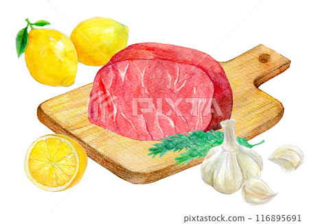燒烤水彩插圖前的牛排肉 燒烤水彩插圖前的牛排肉 116895691