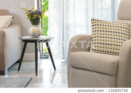Sliding door in living room with exit to terrace. Modern furniture in Scandinavian style. Interior and design. Sliding door in living room with exit to terrace. Modern furniture in Scandinavian style. Interior and design. 116895740
