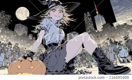 A young woman participating in a Halloween event with her friends 116895800