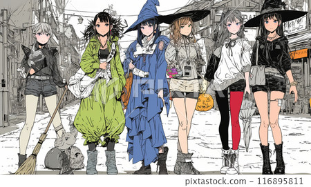 Young women participating in a Halloween event with their friends 116895811