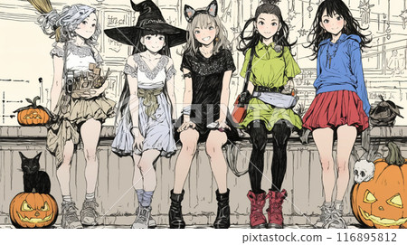 Young women participating in a Halloween event with their friends 116895812