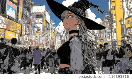 A young woman participating in a Halloween event with her friends 116895816