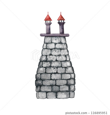 The chimney on the roof. Hand-drawn watercolor illustration. Cartoon flat style. For building houses, children's games, postcards and decor. 116895951