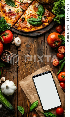 Top view of a smartphone on a wooden table surrounded by vegetables and pizza. Concept of online food ordering and delivery. 116895974